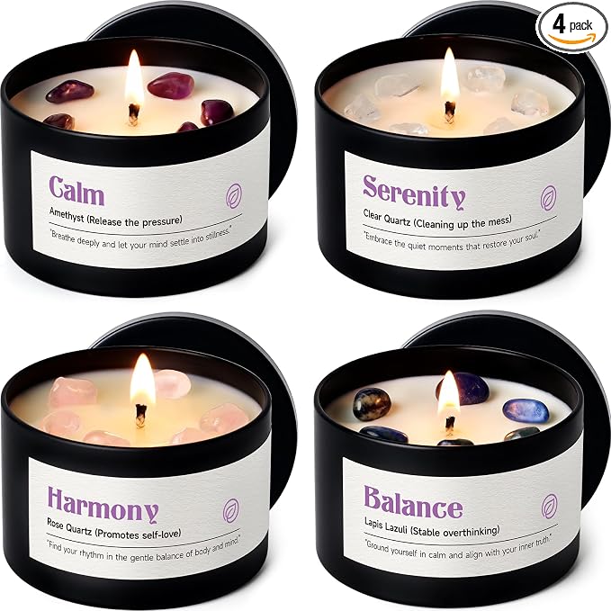 AOOVOO Crystal Soothing Candles Set for Women - 4 Pack 26 oz Soy Wax Candle for Home Scented, 200 Hour Long Lasting Candle, Calm Amethyst/Serenity Clear Quartz/Harmony Rose Quartz/Balance Lapis Lazuli