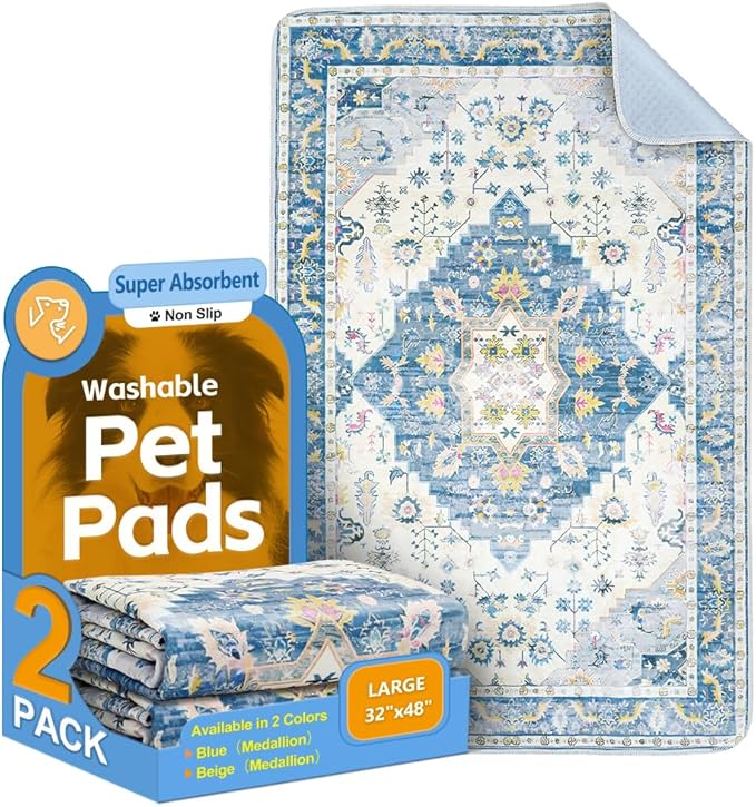 Washable Pee Pads for Dogs, 2 Pack Reusable Puppy Training Pads 48"x32" Super Absorbent Waterproof Dog Training Pads, Non-Slip Potty Pads, Whelping Pads Litter Mat Blue Medallion