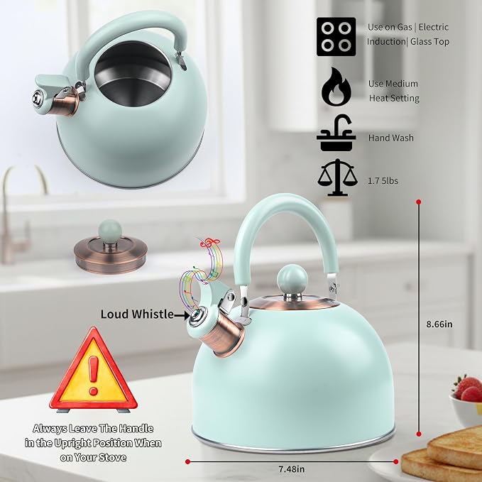 2.6 Quart Mint Green Whistling Tea Kettle, tea pot, Stainless Steel, Cool-Touch Handle, Loud Whistle, 7.48-inch Base, Induction Compatible