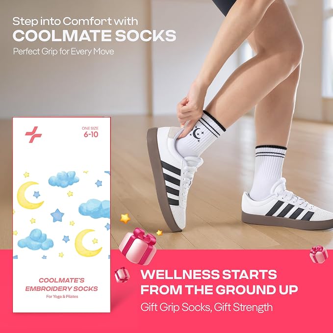 COOLMATE Pilates Socks with Grips for Women, Yoga Socks, Crew Non Slip Women for Barre, Pilates Gifts for Women