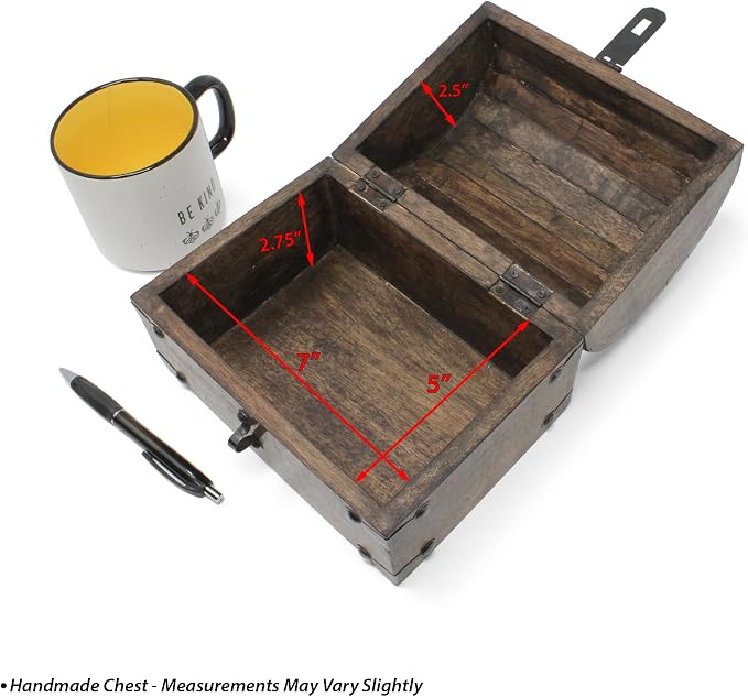 Treasure Chest Keepsake and Decorative Wood Box (Large 8x6x6) - Storage Box, Wooden Box with Hinged Lid, Rustic Storage, Pirate Storage Box, Vintage Wooden Chest
