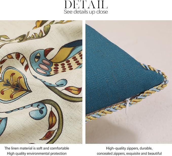 patdrea French Vintage Linen Throw Pillow Cover,12"x28",Set of 2-Wensel C | Decorative Pillow Case,Bird and Floral Pattern,Cushion Coverfor Couch Living Room Bedroom Sofa