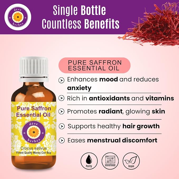 dève herbes Saffron Essential Oil (Crocus sativus) Pure | Non-Sticky | Non-Greasy | Lightweight | Men & Women | All Skin Types | Steam Distilled 10ml (0.33 oz)
