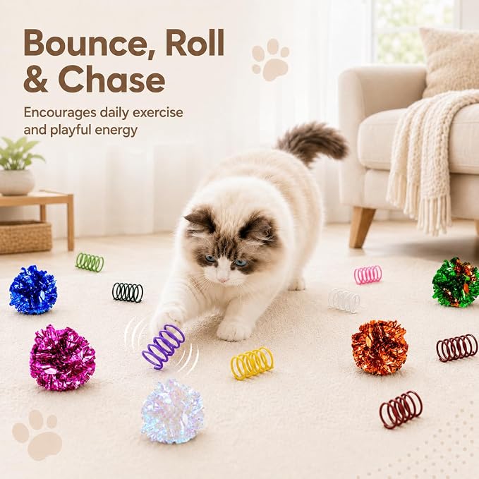 Cat Toys for Indoor Cats, 10 Crinkle Balls & 24 Colorful Springs