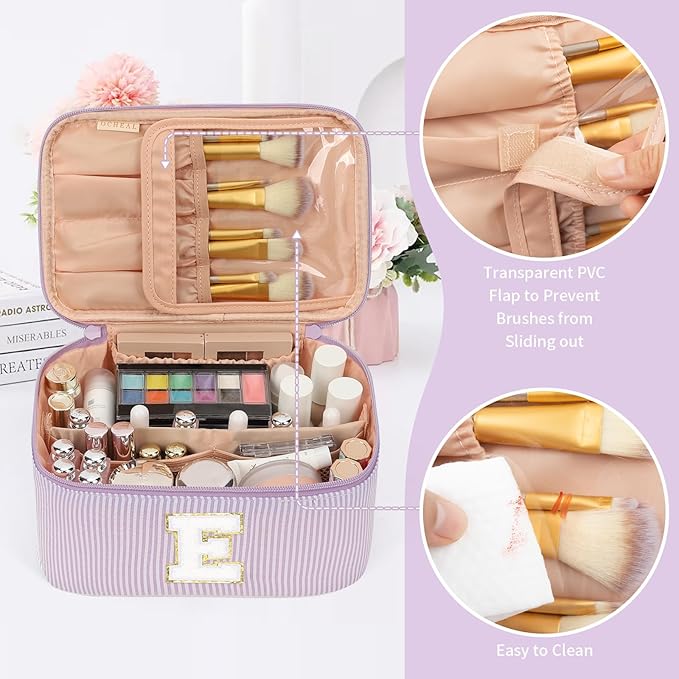 OCHEAL Makeup Bag Valentines Day Gifts for Women, Monogram Cosmetic Bag Purple Travel Makeup Case Beauty Toiletry Bag Organizer Personalized Gifts for Girls Bridesmaid, Sister, Wife, Friends Initial E