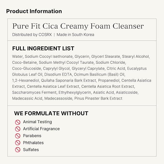 COSRX Pure Fit Cica Creamy Foam Cleanser, 5.07 fl oz / 150ml | Mild Cleanser for Sensitive Skin | 91% Naturally Derived Centella Complex | Animal Testing Free, Paraben Free, Korean Skin Care