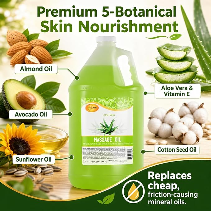 SPA REDI Aloe Vera Professional Massage Oil – 5-Botanical Blend with Almond, Avocado, Sunflower & Vitamin E | Non-Greasy, Fast-Absorbing | Paraben-Free, Cruelty-Free | Made in USA | 128 oz