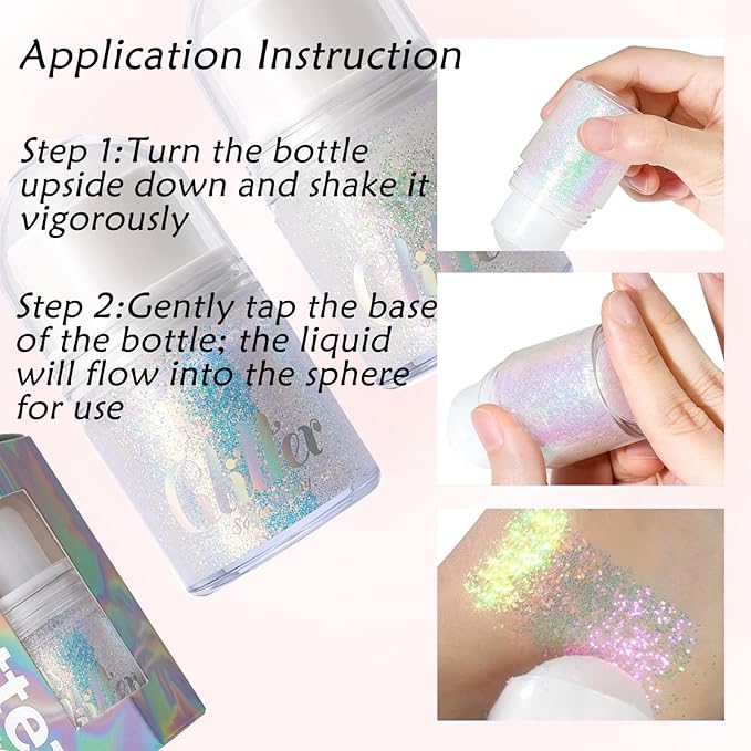 2 Colors Roll-on Body Glitter Gel,Holographic Hair Face Glitter Makeup for Women,Festival Rave Accessories Singer Concert Sparkly Chunky Sequins Mermaid Paint