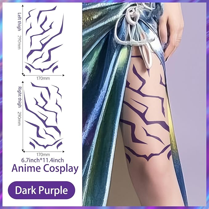 Rumi Tattoos Body Set–10 Purple Pieces per Pack (1 Face, 2 Chest, 2 Upper Arm, 2 Forearm, 1 Waist, 2 Thighs Symmetrical), Temporary Body Tattoos, Waterproof & Skin-Safe (Purple, 2 Pack)