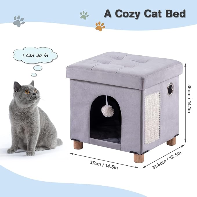 BRIAN & DANY Cat House for Kitten,Cat Beds for Indoor Cats with Fluffy Ball Hanging and Scratch Pad, 14.7" x 14.1” x 12.7”, Light Gray
