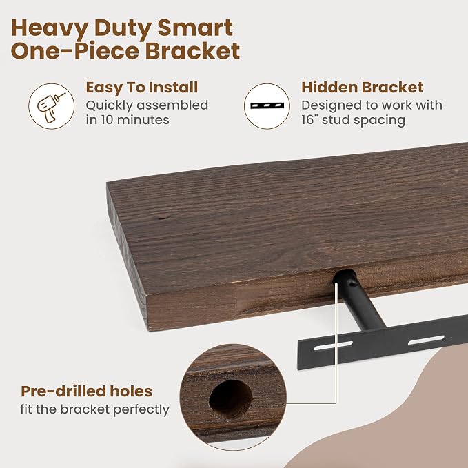 Floating Shelves for Wall Decor, Rustic Solid Elm Wood Live Edge Floating Shelves Wall Mounted, Wall Shelves with Invisible Bracket for Living Room Bathroom Bedroom Kitchen, 55 Inch, Walnut