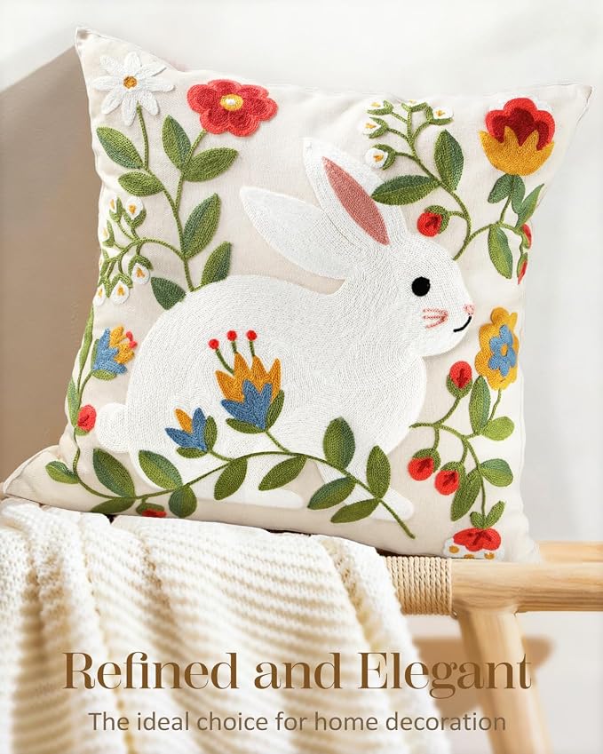 Animal Embroidered Throw Pillow Cover 18x18 Inch, Rabbit Floral | Decorative Pillow Cover, Cottagecore Cushion Cases with Hidden Zipper, Farmhouse Decor for Couch, Sofa, Living Room
