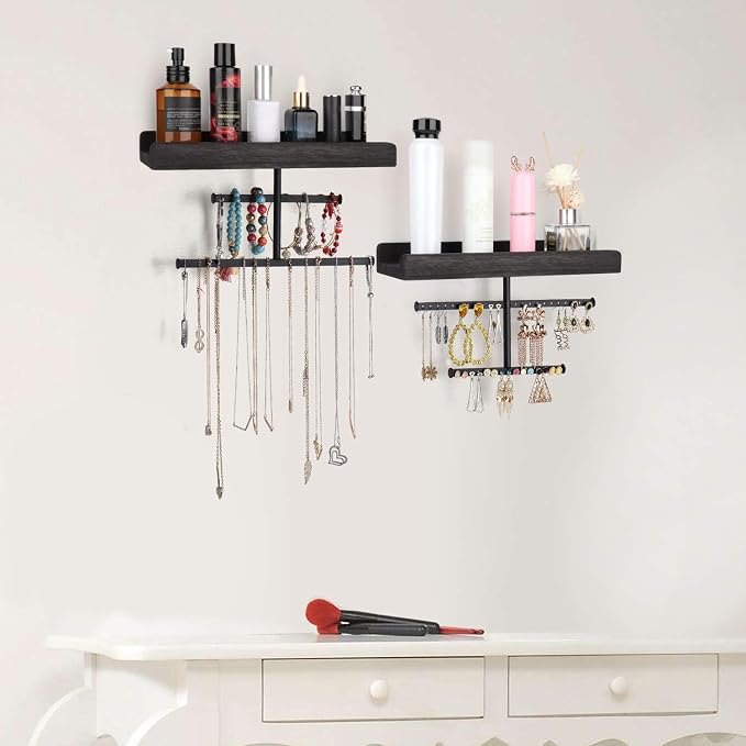Keebofly Hanging Wall Mounted Jewelry Organizer with Rustic Wood Jewelry Holder Display for Necklaces Bracelet Earrings Ring Set of 2 Black,[Patented]