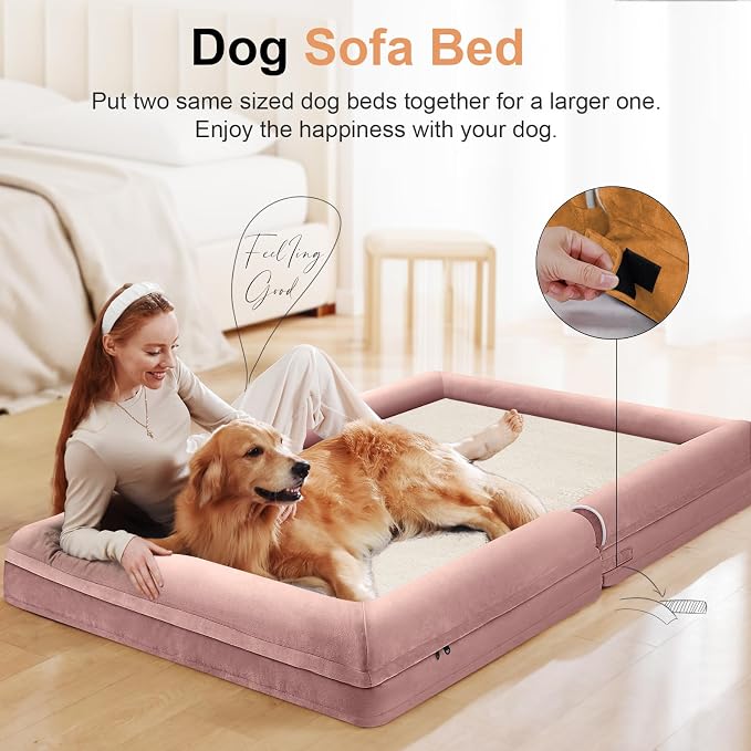 Orthopedic Dog Bed for Large Dogs, 38 x 25 Inch, Pink | Egg crate foam for joint support, 3-sided bolster pet sofa, waterproof lining, washable cover, and non-skid base