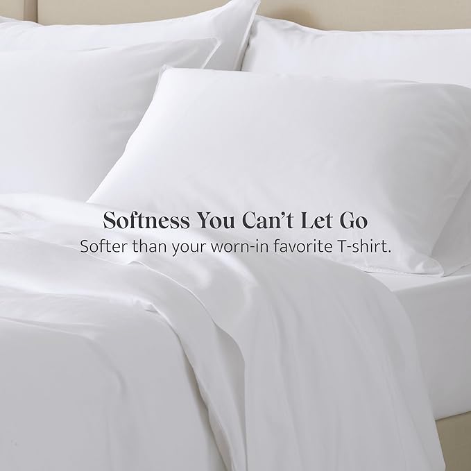 Double Stitch Cotton Tencel Sheet - Bed Sheets Set King Size, 4Pc Luxury Hotel Bedding Set, Soft, Cooling & Breathable for Hot Sleepers, Deep Pocket Up to 16 Inches, Bright White