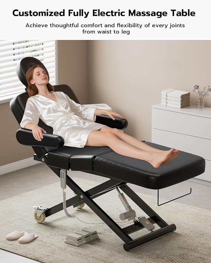 Paddie 3 Motor Fully Electric Massage Table Professional with Face Cradle & Foot Pedal, Customized Angle Folding, 550lbs Height Adjustable with Rolling Wheels, Black