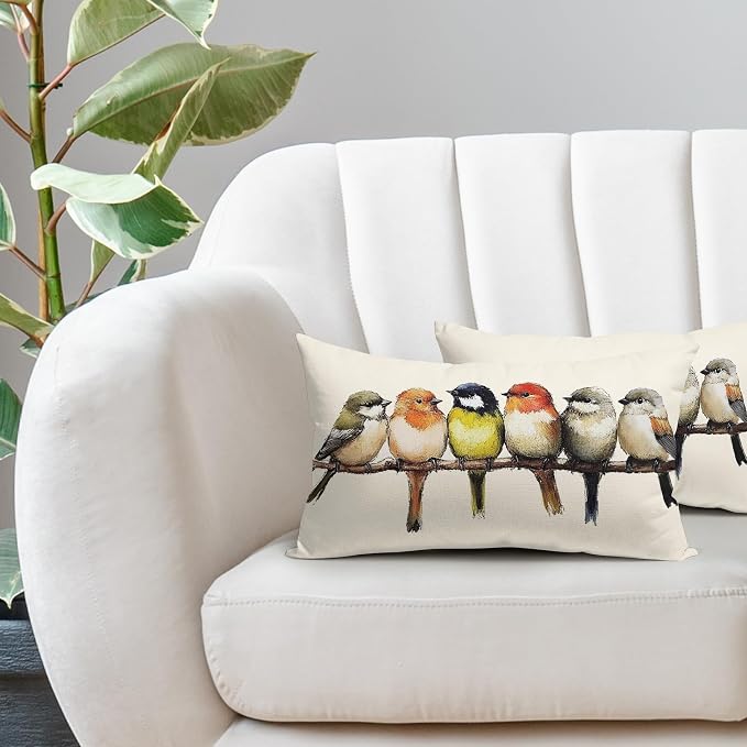 Oil Painted Birds Lumbar Pillow Covers 12x20 Inch Set of 2 Cute Spring Summer Bird Rustic Decorative Pillow Cases Outdoor Linen Square Cushion Cover Farmhouse Decor for Bedroom Home Sofa Couch Bed