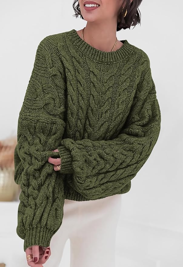 PRETTYGARDEN Womens Sweaters Spring 2026 Cable Knit Long Sleeve Crewneck Oversized Sweater Chunky Pullover Loose Outfits