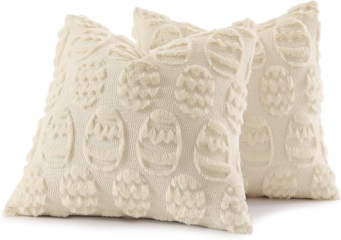 decorUhome Beige Faux Fur Egg Throw Pillow Covers 20x20 Set of 2 | Plush Soft Wool Jacquard Beige Cushion Covers, Modern Farmhouse Neutral Easter Holiday Decor Pillow Covers for Couch Sofa Bed