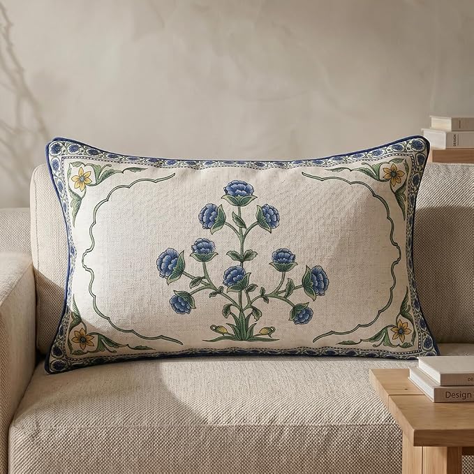patdrea Designer French Vintage Linen Throw Pillow Cover,12"x20"-Ivar B | Vinage Decorative Pillow Case,Floral Pattern,White Pillow Cover for Couch Living Room Bedroom Sofa Outdoor