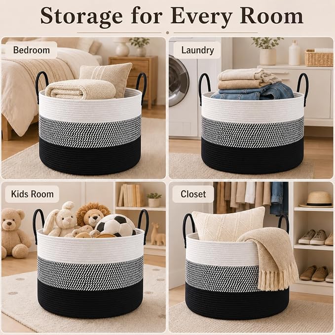 JMvicyroam 65L Extra Large Machine Washable Cotton Rope Blanket Basket | Collapsible laundry hamper, Reinforced handles, For blankets,pillows,toys and clothes, Living room and bedroom,White&BlackMix