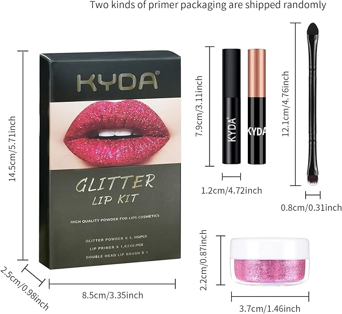 3 Colors Glitter Lip Kit, Diamond and Glitter Metallic Lip Powder with Lip Primer, Waterproof Long Lasting & Smudge Proof, Shimmer Sparkly Glitter Lip Cosmetic without Sticky Flake Off Set A