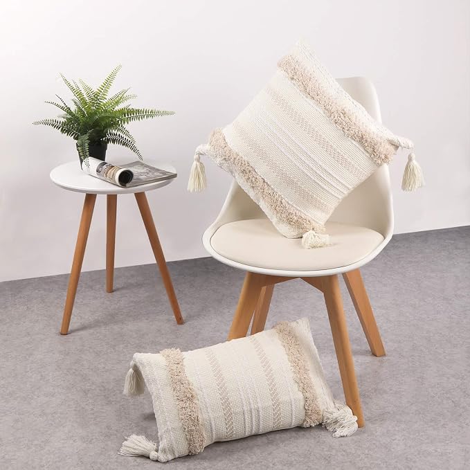 Lumbar Decorative Boho Throw Pillow Cover, 12 x 20 Farmhouse Cute Pillowcase Minimalist Neutral Collection Cream White Tufted with Tassels Woven Cushion Cover for Sofa Couch Bedroom Living Room
