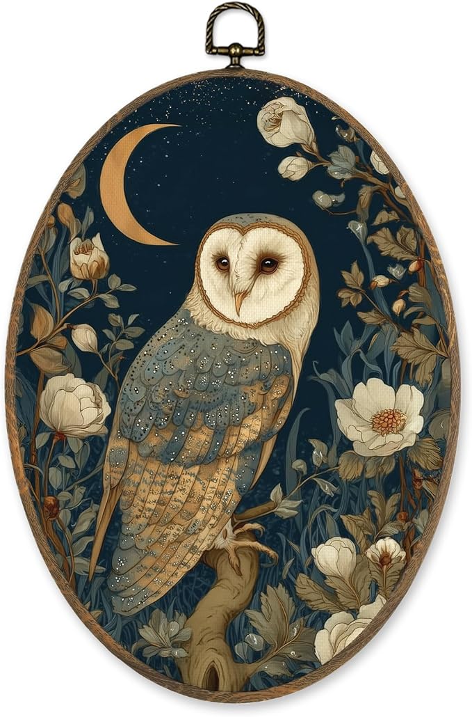 LKETW Vintage Owl Floral Oval Wall Art Decor, Rustic Cottagecore Bird Oval Canvas Hanging Decor, Dark Academia Barn Owl Wildlife Wall Decorations for Home Bedroom Living Room, 8.6x11.4 Inch