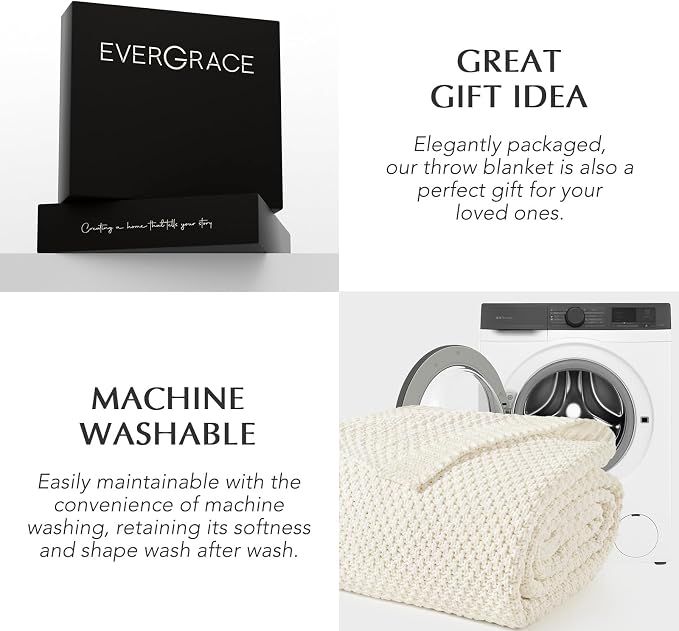 EVERGRACEHOME Chunky Chenille Knit Throw Blanket, 90 x 90, Ivory White | Sculpted Moss Stitch, Chic Modern Farmhouse, All-Season Warmth, OEKO-TEX® Certified, Oversized Queen for Couch, Bed, Sofa