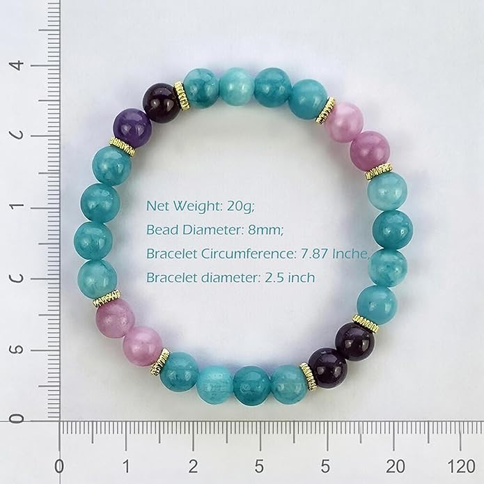 Healing & Serenity Gemstone Bracelet Real Natural Crystal Stretch Bracelet 8mm Amethyst, Lepidolite & Aquamarine Beads for Calm Stress Relief & Emotional Peace