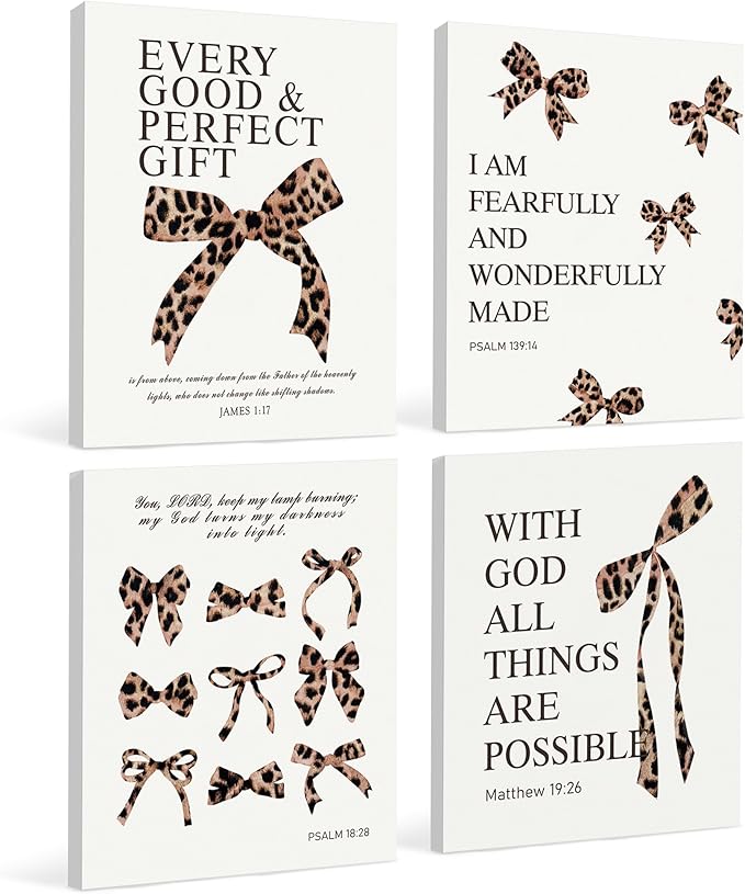 LARTSFRO Coquette Leopard Bow Christian Canvas Wall Art Decor Posters Prints, Y2K Cheetah Leopard Bow Room Bedroom Bathroom Dorm Wall Art Decor Aesthetic for College Teen Girls Gifts, Inspirational Bible Verses Bow Wall Decor, 11x14 Inch Set of 4 Pcs C...