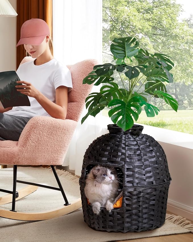 SETVSON Cat Litter Box Plant Furniture Enclosure, PE Rattan House, Black | Decorative Planter Design, Easy Clean, Artificial Plants & Real Stones Included, Private Inner Litter Box, 20" x 20" Compact