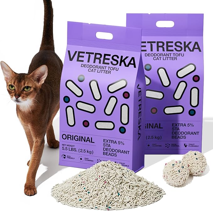 VETRESKA Tofu Cat Litter, Odor Control, Original 5.5lb×2bags | Natural Kitty Litter Strong Clumping Flushable Cat Litter Pellet Ultra Absorbent,Dust-Free,Low Tracking Deodorant Tofu Litter