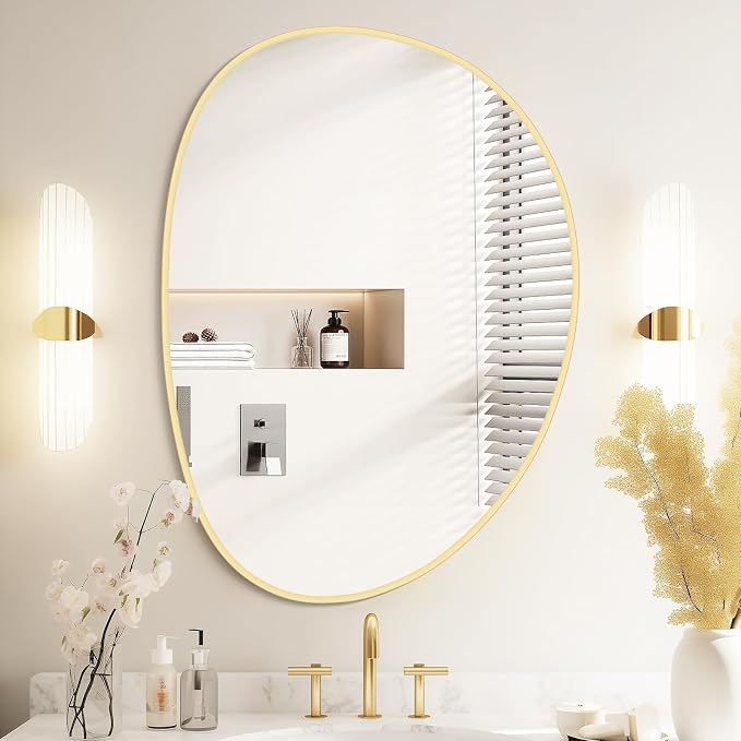 Irregular Wall Mirror, Asymmetrical Mirror Wall Mounted with Gold Framed for Living Room, Bathroom, Bedroom, Entryway Wall Decor, 28"×21", Gold