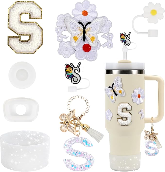15PCS Cup Accessories Set for Stanley Cup 30oz 40oz Tumbler with Handle, Including Silicone Straw Cover and Boot, Spill Proof Stopper, Stanley Charms, Handle Charm, Initials Sticker