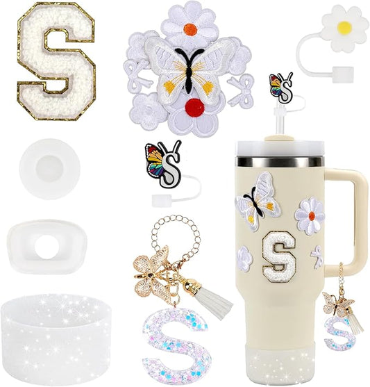 15PCS Cup Accessories Set for Stanley Cup 30oz 40oz Tumbler with Handle, Including Silicone Straw Cover and Boot, Spill Proof Stopper, Stanley Charms, Handle Charm, Initials Sticker