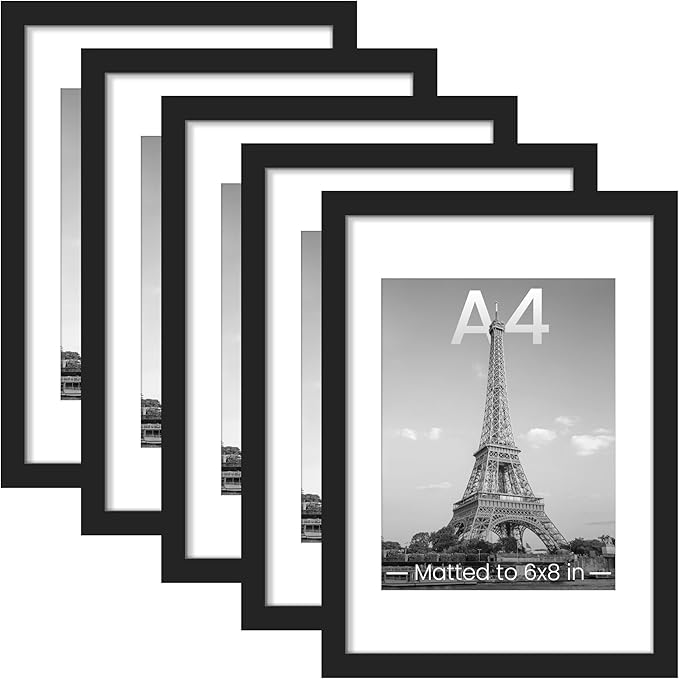upsimples A4 Picture Frame, Gallery Wall Frames Set of 5, Black | Photo Frame Collage Wall Decor, 6x8 Picture Frame with Mat for Family, Baby, Hallway, Christmas