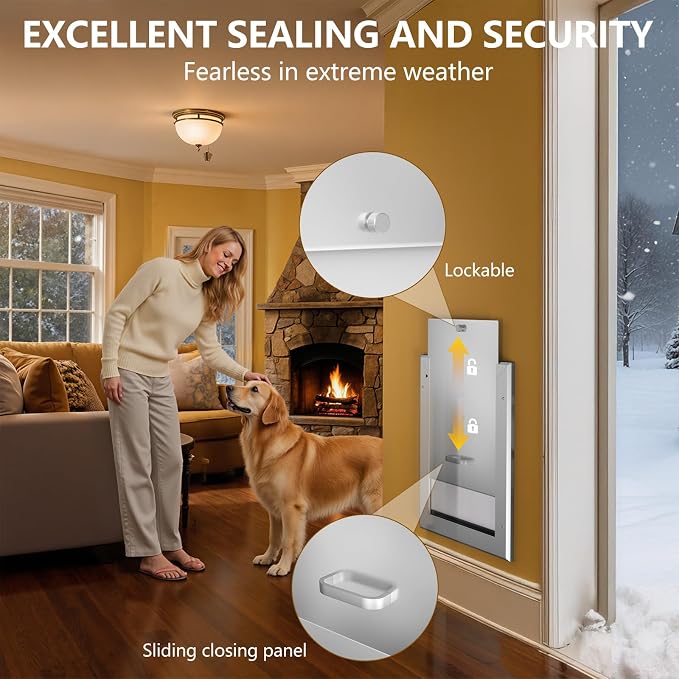 Ownpets Aluminum Dog Door for Wall and Door, Double Flap Energy Efficient, Telescoping Tunnel and Lock Panel, Heavy Duty Doggy Door for Dogs Up to 40lbs, Medium | Inner 9.25* 12.9 For Dog ≤40lbs, Telescoping Tunnel, Double Flap Insulation Energy Effici...
