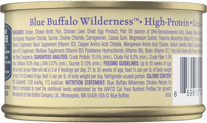 Blue Buffalo Wilderness High-Protein Grain-Free Wet Kitten Food,Chicken Paté Recipe,3-oz Cans,(Pack of 48)