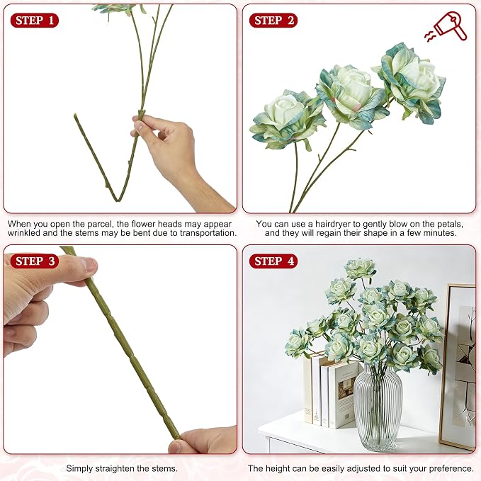 INXUGAO Artificial Flowers Fake Roses for Outdoor, 6Pcs 28" Long Stem Silk Roses for Wedding Indoor Outside Party Decor, Realistic Faux Bouquet for Tall Vase Planter (Green)