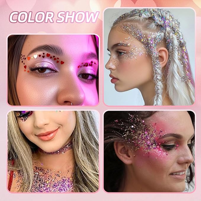 Gold Body Glitter Face Glitter Red Hair Glitter Gel Festival Face Paint Rave Makeup Glitter Christmas & Halloween & Valentines Face Gems 6 Shapes Fine Chunky Glitter Gel for Women Girls