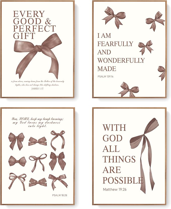 LARTSFRO Coquette Brown Bow Wall Art Decor Posters, Chocolate Brown Bow Room Bedroom Bathroom Dorm Wall Art Decor Aesthetic for College Teen Girls Gifts, Inspirational Bible Verses Bow Wall Decor, 12x16 Inch Set of 4 Pcs Bow Pictures (UNFRAMED)