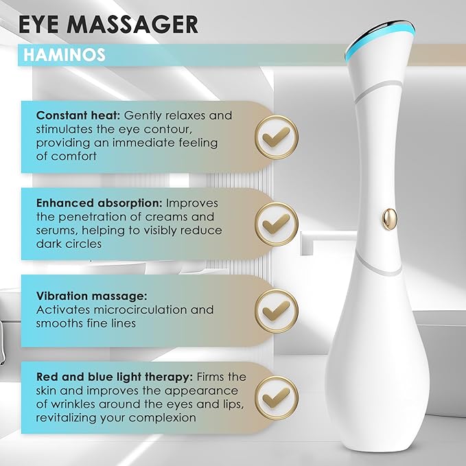 Eye Massager Wand with Heat, Vibration & Red/Blue LED, Ionic (Galvanic) Skincare Absorption, USB‑C Rechargeable with Charging Base, Helps Reduce the Look of Puffiness & Dark Circles