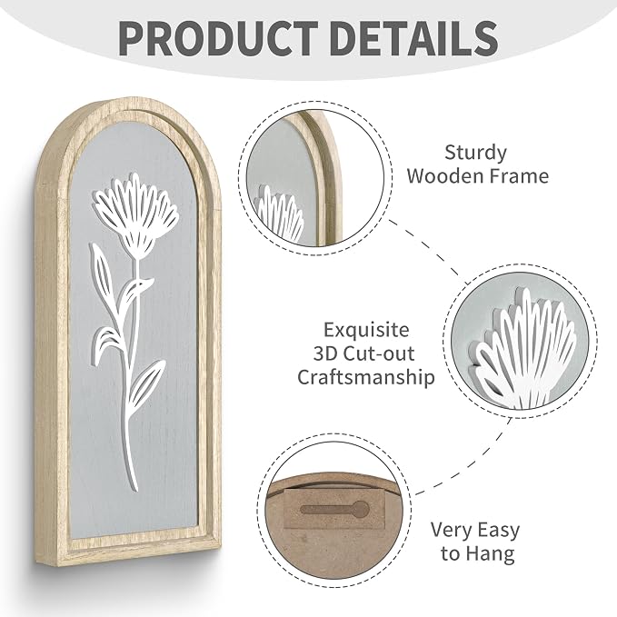 Gray Bathroom Wall Decor Set of 2, Arched 3D Wooden Floral Wall Art Panels | Raised white floral cutouts in arched frames, ready to hang; neutral boho farmhouse decor for bedroom, hallway and entryway