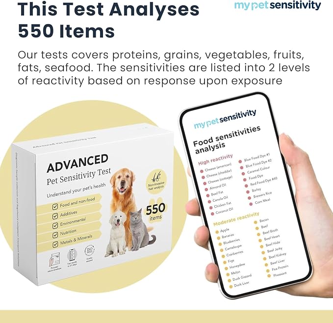 Intolerance Test for Dogs & Cats | 1,100 Items Tested | Hair Sample | Intolerance/Sensitivity test for your pet. Screens 550 food, environmental and nutritional items. Quick results in 3–5 days