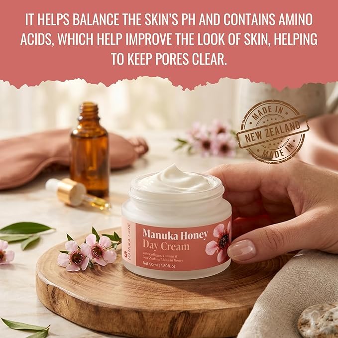 Manuka Lane Manuka Honey Day Cream The Ultimate Skin Moisturizer with real New Zealand Manuka Honey, Hydrolyzed Collagen, and skin-enriching Lanolin