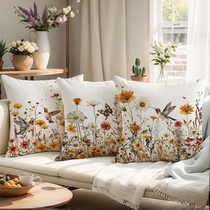 wyooxoo Spring Pillow Covers 16x16 Set of 4 Farmhouse Summer Throw Pillow Covers Floral Decorative Cushion Cases for Sofa Couch Outdoor Bedroom