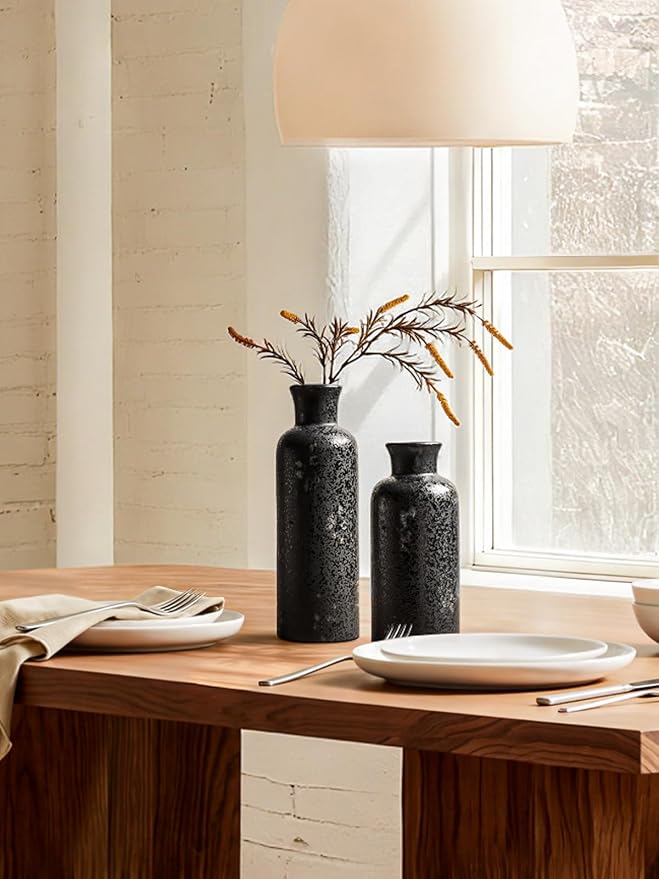 LE TAUCI Ceramic Vase Set of 3, Black Speckled Flower Vases for Fresh or Dried Flowers, Modern Farmhouse Home Decor for Coffee Table, Mantel, Shelf, Entryway, Distressed Iron Black