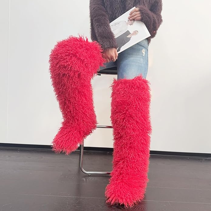 SWEETHEART BEAUTY Thigh High Shagy Teddy Fur Boots, 29 Inch Over the Knee Length Fluffy High Boots, Tall Furry Shoes For Women
