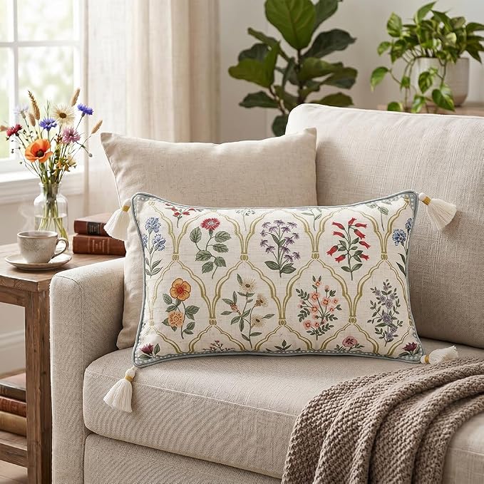 Designer Vintage Linen Throw Pillow Cover,20"x12"-Serenity B | French Elegant Rectangle Decor Pillow Cover,Concealed Zipper Design,Colorful Floral Pattern,Sofa,Bedroom,Living Room,Chair